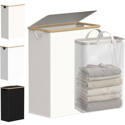 Slim Laundry Basket with Lid, Narrow Laundry Hamper with Removable Bag, Skinny Dirty Clothes Basket with Bamboo Handles for Bathroom, Bedroom & Laundry Room, 65L Beige