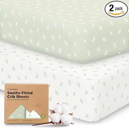 2-Pack Organic Cotton Crib Sheets for Boys, Girls - 52x28 Fitted Crib Mattress Sheet Neutral, Breathable Cover for Baby Bed Set, Toddler Mattress, Soft & Cute Prints (Herb)