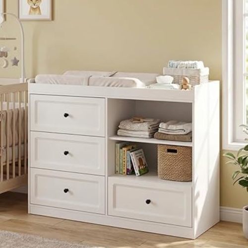 Changing Table Dresser, Baby Dresser with Changing Table Top, Nursery Dresser with 4 Drawers & Adjustable Shlef, Diaper Changing Station for Baby Room, White