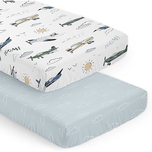 Sweet Jojo Designs Vintage Airplane Boy Baby Fitted Crib Sheet Set Infant Newborn Nursery Toddler Bed Room Standard Mattress 2pc Slate Blue Clouds and Blue White Yellow Airplanes Plane Transportation