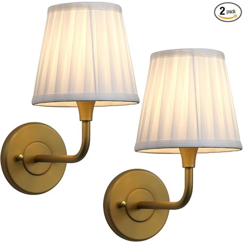 PERMO Set of 2 Vintage Gold Wall Sconces with White Pleated Fabric Shade – E26 Hardwired Wall Light for Bedroom, Living Room, Hallway, Bathroom, Entryway