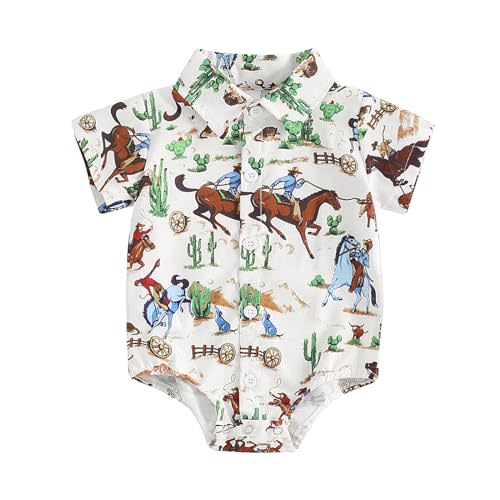 Rarjuiey Newborn Western Baby Boy Outfit Long Sleeve Cowboy Dress Shirt Infant Bubble Romper Button Bodysuit Oneise Clothes