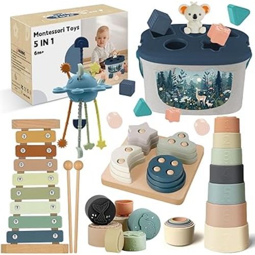 5 in 1 Montessori Baby Toys Set for 6+ Months, Montessori Sensory Toys Blue with Pull String Activity Toy, Stacking, Sorting and Musical Play for Babies 6-12M Birthday
