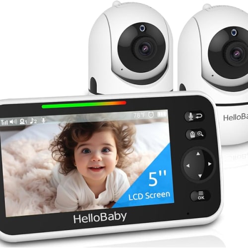 HelloBaby 5" Baby Monitor with 4 Cameras – No WiFi, 1000ft Range, Pan-Tilt-Zoom, 26-Hour Battery, Night Vision & 2-Way Audio