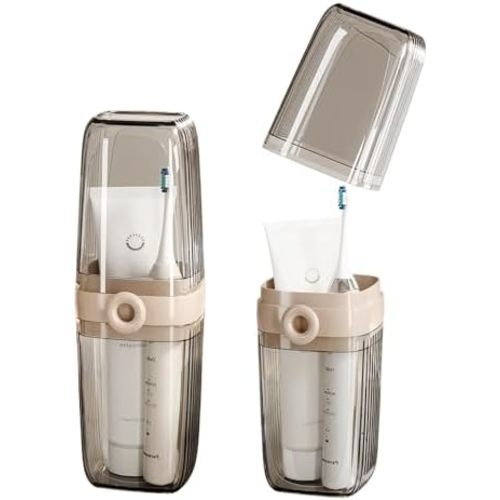 Toothbrush Travel Case, 2 in 1 Toothbrush Holder and Rinse Cup, Large Capacity Toothbrush Cup with Cover, Portable Travel Toothbrush Holder for Traveling, Camping, Trip - 1Pcs - Beige&Clear
