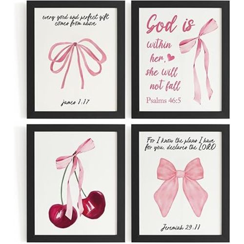 DSHFG Coquette Pink Bow Cherry Bible Verse Wall Decor, Preppy Pink Room Decor for Teen Girls Dorm Bedroom Bathroom, Christian Scripture Wall Art Prints Set of 4, 8x10 Unframed