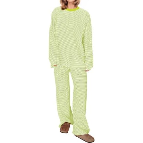 Women Striped 2 Piece Lounge Set Long Sleeve Oversized T Shirts Wide Leg Pants Matching Sets Casual Comfy Pajama Set