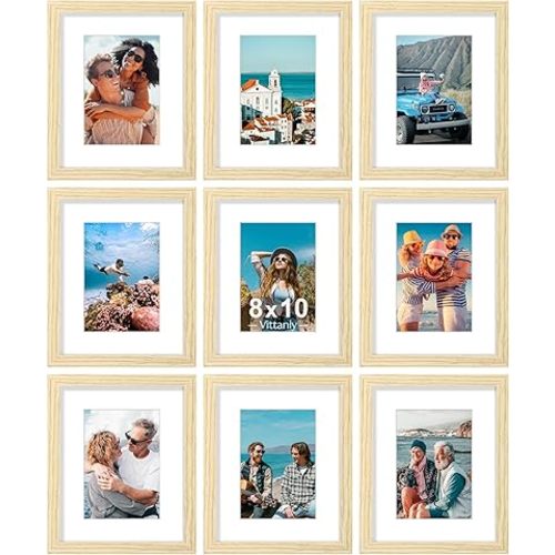 Vittanly 8x10 Picture Frames Set of 9, Shatter Resistant Plexiglass, Display 5x7 Pictures with Mat or 8x10 without Mat, Photo Frames for Wall or Tabletop, Engineered Wood, OAK