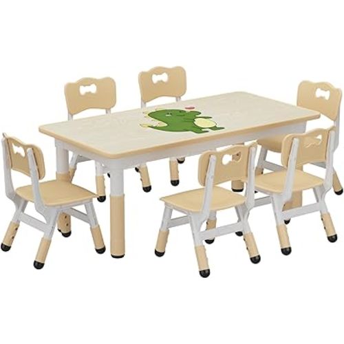 GAOMON Kids Table and 6 Chairs Set, Height Adjustable Toddler Table and Chairs Set for Ages 2-10, Graffiti Desktop, Non-Slip Legs, Children Activity Table for Daycare Classroom Home