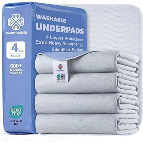 Accompagner Incontinence Bed Pads Washable Waterproof, Ultra-Absorbent Reusable Underpads for Diaper Changing, Nursing, Bedridden, Adults, Seniors, Kids and Dogs (Pearl Gray, 24"x24"(Pack of 4))