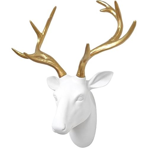 Faux Deer Head Wall Decor, White Fake Furry/Felt/Velvety Resin Deer Head With Gold Antlers for Home/Bar/Office, Size 16" x 12.5" x 7.5" By Smarten Arts