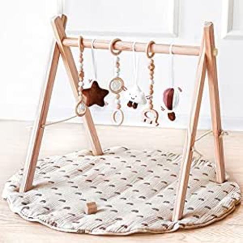 Amazon.com : Wooden Baby Play Gym with Mat, Foldable Baby Play Gym Frame Activity Gym Hanging Bar with 5 Gym Baby Toys Rainbow Playmats Gift for Newborn Baby (Natural) : Baby