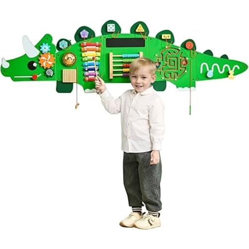 VEVOR Dinosaur Activity Busy Board Wall, 11 Activities Board, Montessori Sensory Wall Panel for Kids 3-12 Years, Sensory Activity Panel, Ideal for Toddler Playroom Nursery Classroom