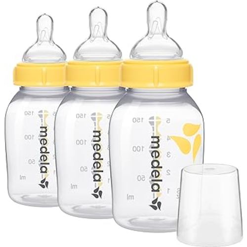 Medela Slow Flow Feeding & Storage Bottles, 3 Pack of 5 Ounce Bottle with Nipple, Lids, Wide Base Collars, and Travel Caps, Made Without BPA
