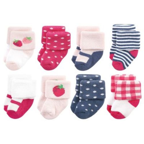 Hudson Baby Infant Girl Cotton Rich Newborn and Terry Socks, Pink Strawberry, 0-6 Months