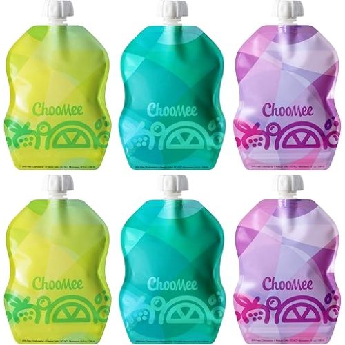 ChooMee Reusable Baby Food Storage Pouches, 8 oz | Ideal for Baby Food, Smoothies and Purees | Secure Double Lock Zipper, Wide Bottom, BPA Free | SnakPack TropiColor 6 CT