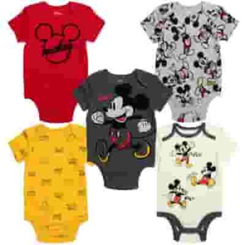 Disney Mickey Mouse Newborn Baby Boys 5 Pack Short Sleeve Bodysuits Outfit Set