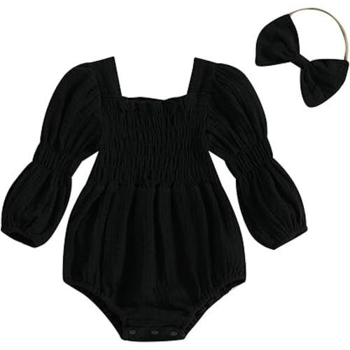 Kavousa Smocked Baby Girl Clothes Newborn Girl Bubble Romper Long Sleeve Jumpsuit And Headband Outfit Cute Infant Clothing