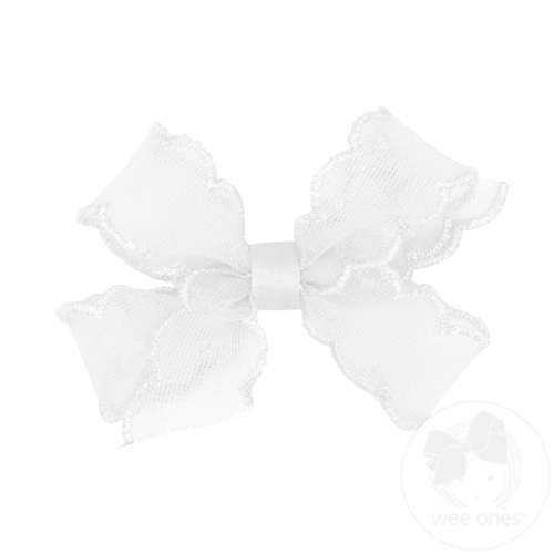 Mini Organza Hair Bow with Scalloped Stitched Edge - WHITE | Wee Ones Hair Bows & Accessories
