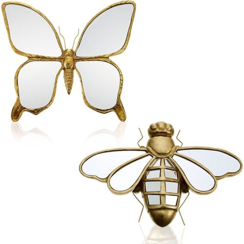 Sliner 2 Pcs Bee & Butterfly Mirror Wall Decor Gold Resin Aesthetic Insect Wall Art, Vintage Decorative Glass Mirrors for Home Nursery Garden, Elegant Nature Gift for Summer Wedding