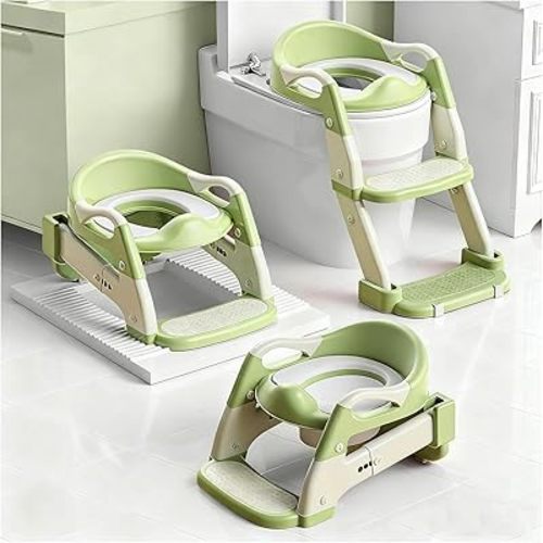 Snugzy Toddler Potty Training Seat 3-in-1 Foldable Potty Training Toilet with Step Stool Adjustable Potty Chair with Urinals (Green)