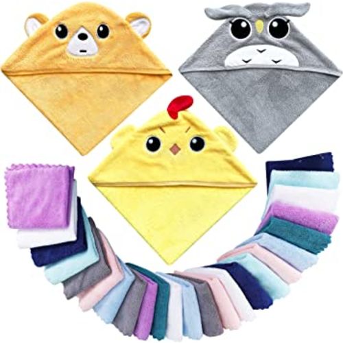 3 Pack Baby Hooded Bath Towel with 24 Count Washcloth Sets for Newborns Infants & Toddlers, Boys & Girls - Baby Registry Search Essentials Item - Chicken, Bear, Eagle