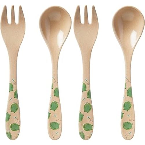 Nuby Eco-Friendly Natural Rice Husk Spoon and Fork Set- 2 Piece Set, Frog Print, 6+ Months- Fully Compostable and Biodegrable (Pack of 2)