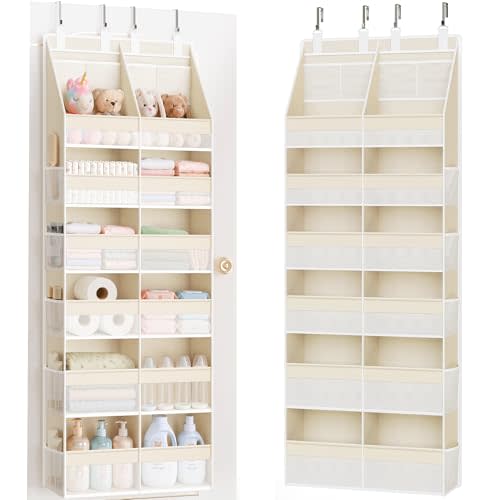 Criusia Over the Door Organizer, Extra Large 12 Compartments Closet Hanging Storage with 14 Mesh Pockets, 85lbs Capacity Behind the Door Storage for Baby Nursery, Bathroom, Bedroom, and Dorm, Beige