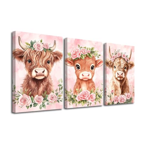 LZIMU 3 Panel Highland Cow Wall Art Funny Cow Baby with Pink Rose Canvas Print Funny Farmhouse Paintings Cute Calf Pictures Wall Decor for Kids Room Nursery Framed (Pink, 11x14inchx3 Pieces)