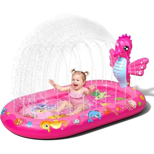 3-in-1 Splash Pad for Toddlers, Inflatable Pool for Kids Seahorse