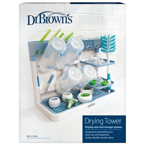 Dr. Brown's Baby Bottle Drying Tower, Stand-Up Countertop Drying Rack with Organized Storage for Baby Essentials, Space Saving Vertical Rack, Blue/White