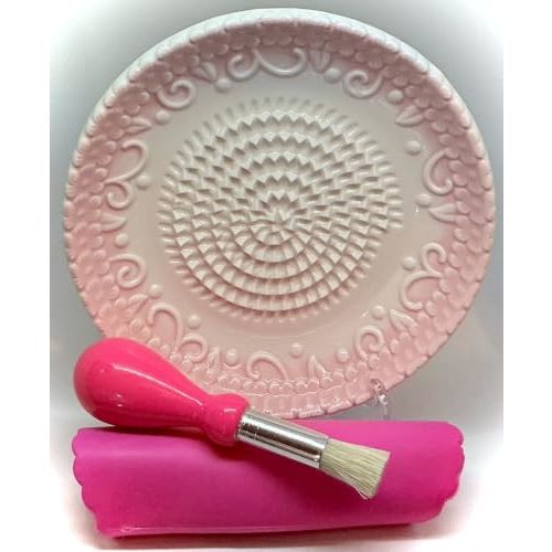 BonCera, Premium Ceramic Garlic Grater Plate Set - Pink Embossed | All-in-One 4-Piece Set includes 5.25" Plate, Peeler, Brush, and Stand - For Garlic, Ginger, Fruits, Strawberries, and more!