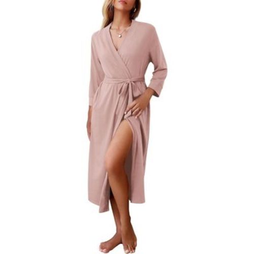 Ekouaer Women Robes Long Knit Bathrobe Lightweight Soft Robes Casual Ladies Loungewear with Pockets Pink L