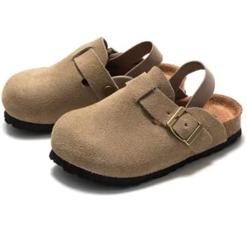 Kids Suede Cork Clogs Toddler Boys Girls Leather Mules Footbed Sandals Arch Support Adjustable Metal Buckle Potato Shoes with Strap
