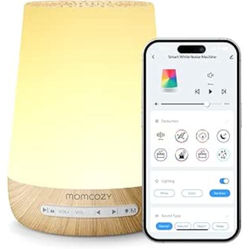 Baby Sound Machine, Momcozy White Noise Machine for Baby Sleeping with Night Light, Toddler Sleep Trainer with 34 Soothing Sounds, Timer, App Remote Control, Personal Sleep Routine(Wood Grain)