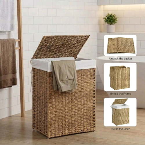 LEDREM Foldable Laundry Hamper with Removable Liner & Lid – 23.8 Gallon (90L) Synthetic Rattan Basket, Handles for Easy Carry, Space-Saving Design, Fits Bathroom，Bedroom, Goose Yellow