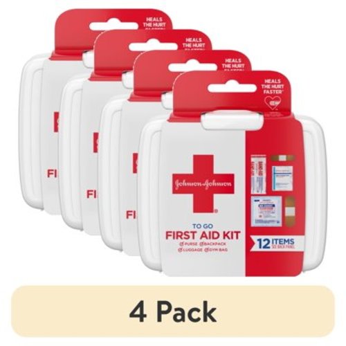 (4 pack) Johnson & Johnson First Aid To Go Portable Mini Travel Kit, 12 pieces