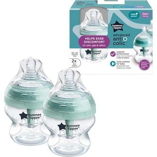 Tommee Tippee Advanced Anti-Colic 5 oz BPA Free Baby Bottles, Newborn 0+ Months, Slow Flow Breast-Like Nipple, Unique Design Keeps Air Away from Milk and Baby, Clear, Pack of 2