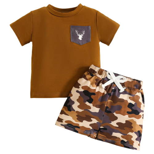 felwors Toddler Baby Boy Clothes Summer Hunting Print Short Sleeve Tops Camouflage Shorts Outfits Infant Casual Clothes (12-18 Months,Z02-Brown)