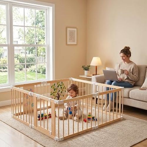 Foldable Wooden Baby Playpen with Locking Gate, Adjustable Baby Playard for Babies and Toddlers, Portable Collapsible Wooden Activity Center for Indoor Use