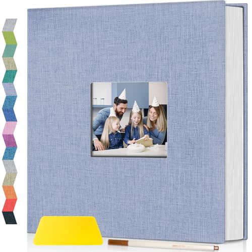 popotop Photo Album Self Adhesive with Picture Display Window,40 Pages DIY Scrapbooking Supplies Kit for 4x6 8x10 Picture,Linen Cover Memory Book for Baby Wedding, with Scraper and Metallic Pen