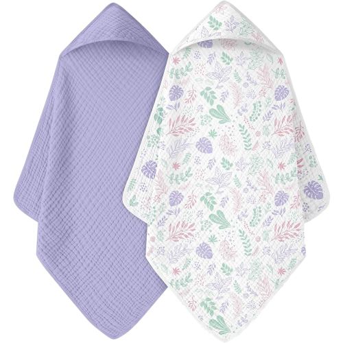 Baby Bath Towels, 100% Muslin Cotton Hooded Baby Towels for Newborn, 2 Pack Baby Towels with Hood for Infant Toddler and Kids, Large 32x32Inch, Soft and Absorbent