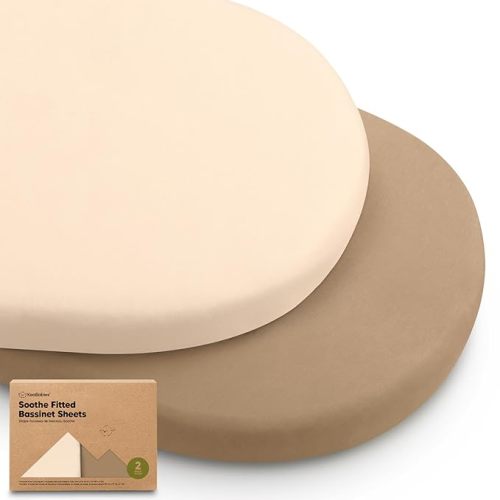 2-Pack Organic Bassinet Sheets - 100% Cotton Bassinet Mattress Sheets Compatible with Halo Bassinest Swivel Sleeper, Graco, Baby Delight, Chicco, Unisex Fitted Bassinet Sheets (Pecan)