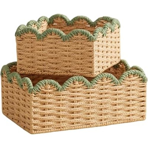 Hand Woven Storage Scalloped Basket, 2 Pcs Green Scalloped Wicker Baskets, Japanese Woven Storage Basket for Home Bathroom