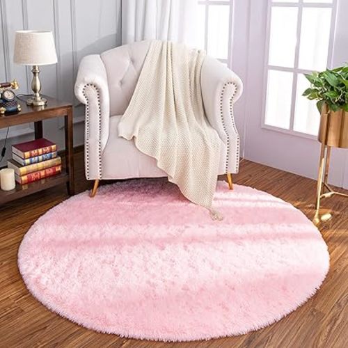 LOCHAS Round Area Rugs Super Soft Living Room Bedroom Home Shaggy Carpet 4-Feet, Pink