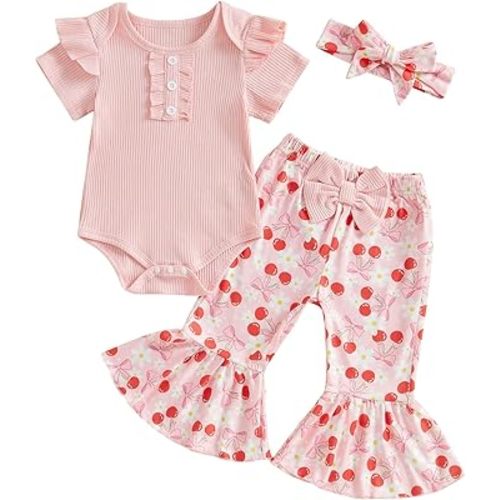 MERSARIPHY Baby Girl Bell Bottom Outfit Infant Newborn Western Summer Clothes Short Sleeve Ruffle Romper Tops Flare Pant Set