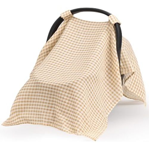 100% Muslin Cotton Car Seat Covers for Babies, Universal Baby Car Seat Cover, Breathable Muslin Carseat Cover Canopies for Boys and Girls, Soft Infant Car Seat Cover for Summer — Beige