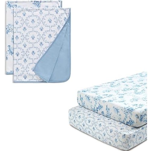 Delta Children 100% Organic Cotton Fitted Crib Sheets, Blue Botanicals + 100% Organic Jersey Cotton Baby Receiving Blankets – 30x40 Inches - GOTS Certified (Pack of 2) (Bundle)