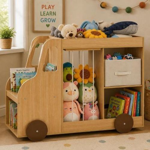 Kids Toy Storage Organizer with Fabric Drawer and Swivel Wheels, Natural, for Playroom