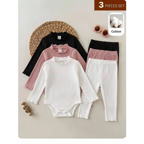 SHEIN Baby Girl 3pcs Pieces Set Autumn Cute Knitted Elastic Solid Color Minimalist Ruffle Open Crotch Bodysuit Set